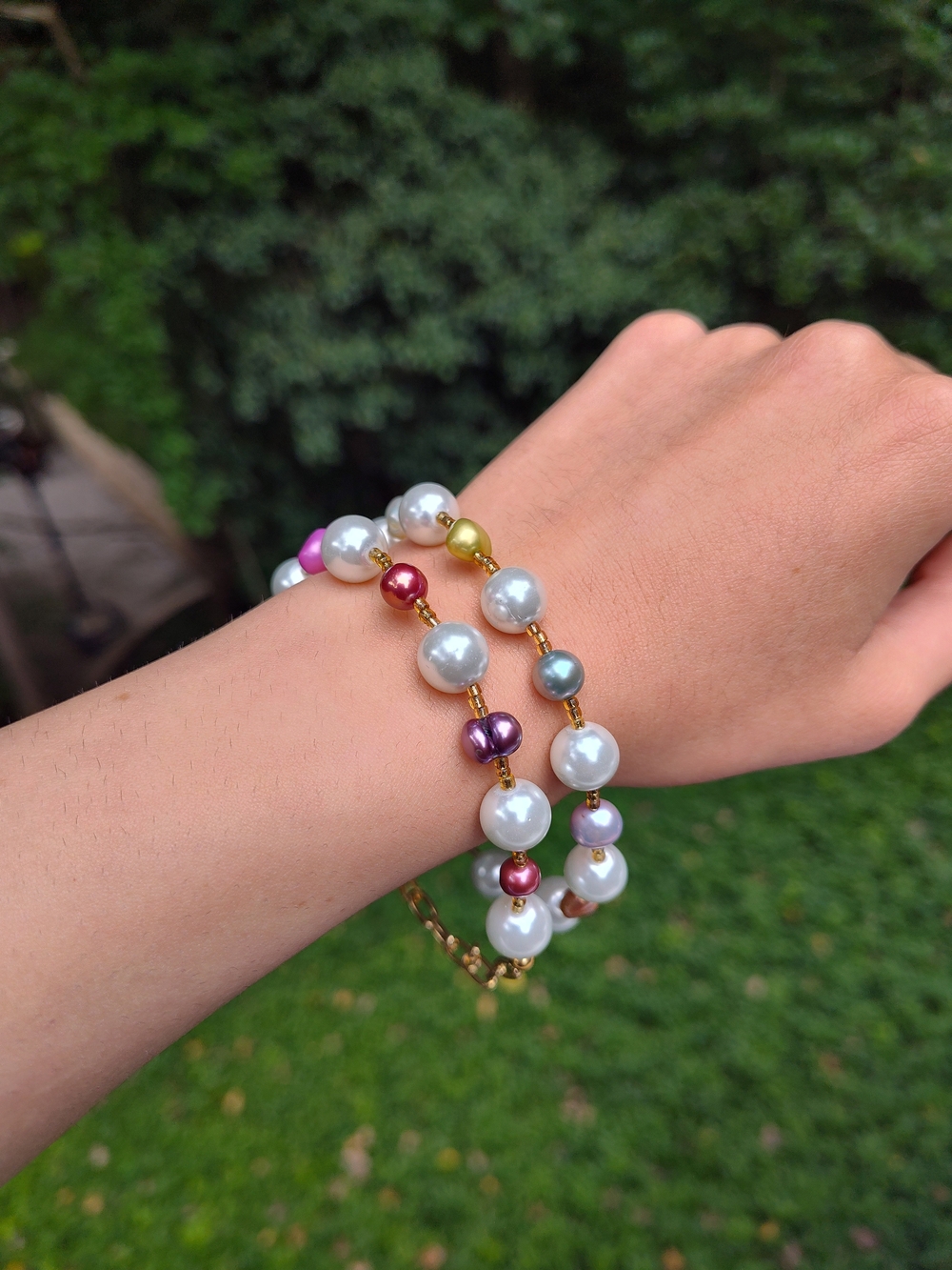 2 Pearl and Multicolor Bead Gold Tone Bracelets - Women Jewelry